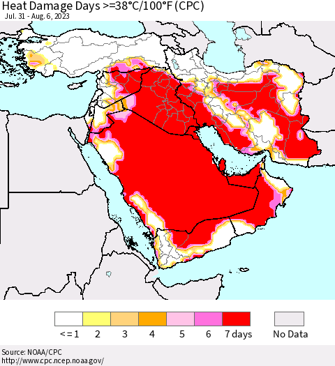 Middle East and Turkey Heat Damage Days >=38°C/100°F (CPC) Thematic Map For 7/31/2023 - 8/6/2023