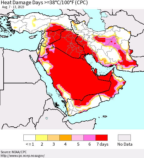 Middle East and Turkey Heat Damage Days >=38°C/100°F (CPC) Thematic Map For 8/7/2023 - 8/13/2023