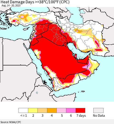 Middle East and Turkey Heat Damage Days >=38°C/100°F (CPC) Thematic Map For 8/14/2023 - 8/20/2023