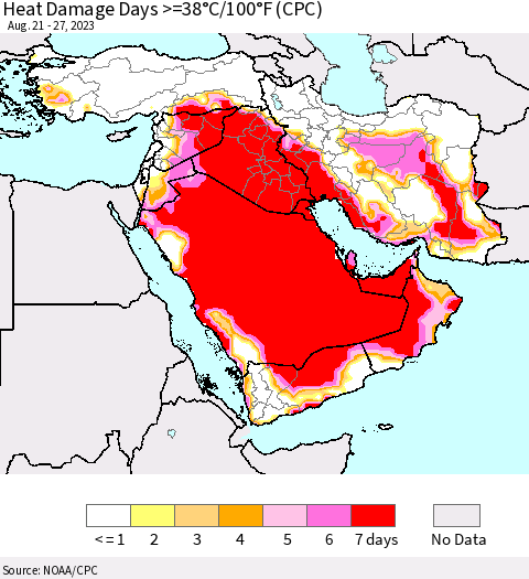 Middle East and Turkey Heat Damage Days >=38°C/100°F (CPC) Thematic Map For 8/21/2023 - 8/27/2023
