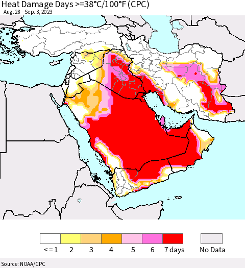 Middle East and Turkey Heat Damage Days >=38°C/100°F (CPC) Thematic Map For 8/28/2023 - 9/3/2023