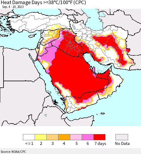 Middle East and Turkey Heat Damage Days >=38°C/100°F (CPC) Thematic Map For 9/4/2023 - 9/10/2023