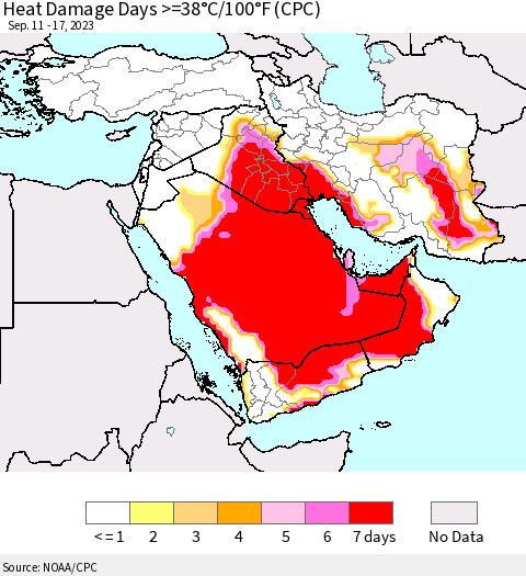Middle East and Turkey Heat Damage Days >=38°C/100°F (CPC) Thematic Map For 9/11/2023 - 9/17/2023