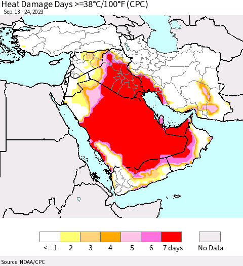 Middle East and Turkey Heat Damage Days >=38°C/100°F (CPC) Thematic Map For 9/18/2023 - 9/24/2023
