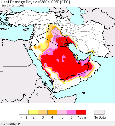 Middle East and Turkey Heat Damage Days >=38°C/100°F (CPC) Thematic Map For 9/25/2023 - 10/1/2023