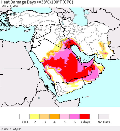 Middle East and Turkey Heat Damage Days >=38°C/100°F (CPC) Thematic Map For 10/2/2023 - 10/8/2023