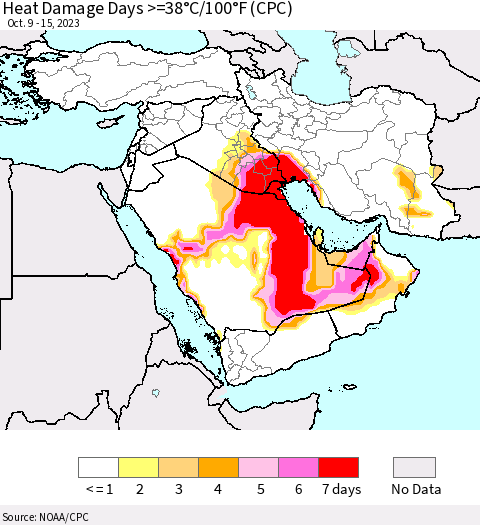 Middle East and Turkey Heat Damage Days >=38°C/100°F (CPC) Thematic Map For 10/9/2023 - 10/15/2023