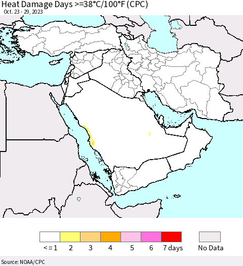 Middle East and Turkey Heat Damage Days >=38°C/100°F (CPC) Thematic Map For 10/23/2023 - 10/29/2023