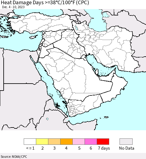 Middle East and Turkey Heat Damage Days >=38°C/100°F (CPC) Thematic Map For 12/4/2023 - 12/10/2023