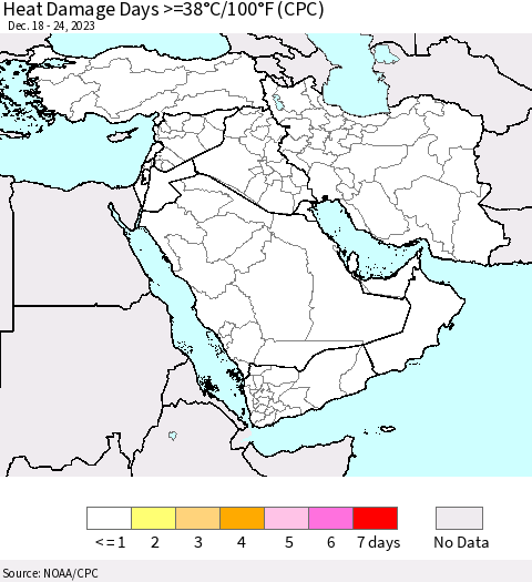 Middle East and Turkey Heat Damage Days >=38°C/100°F (CPC) Thematic Map For 12/18/2023 - 12/24/2023