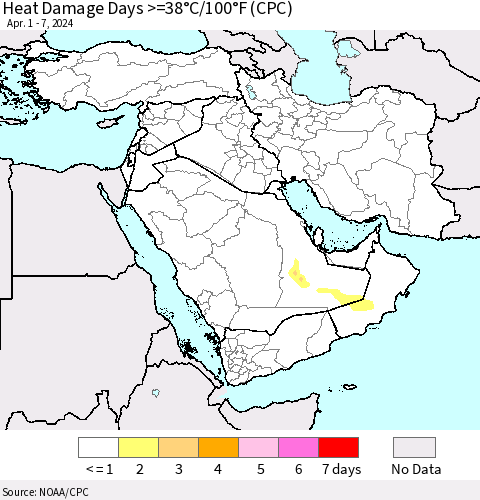 Middle East and Turkey Heat Damage Days >=38°C/100°F (CPC) Thematic Map For 4/1/2024 - 4/7/2024