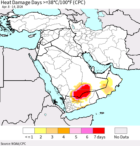 Middle East and Turkey Heat Damage Days >=38°C/100°F (CPC) Thematic Map For 4/8/2024 - 4/14/2024
