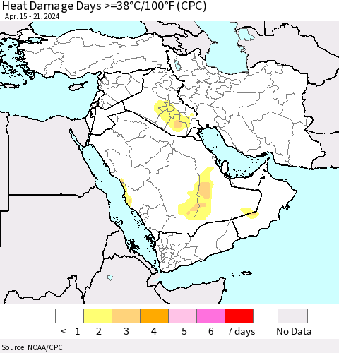 Middle East and Turkey Heat Damage Days >=38°C/100°F (CPC) Thematic Map For 4/15/2024 - 4/21/2024