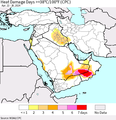 Middle East and Turkey Heat Damage Days >=38°C/100°F (CPC) Thematic Map For 4/22/2024 - 4/28/2024