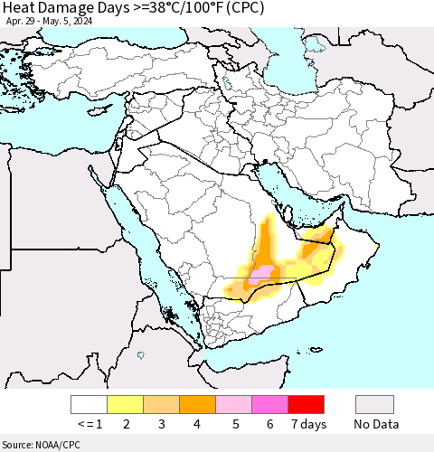 Middle East and Turkey Heat Damage Days >=38°C/100°F (CPC) Thematic Map For 4/29/2024 - 5/5/2024