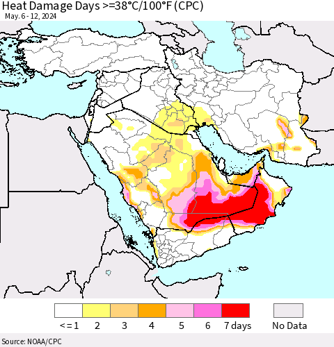 Middle East and Turkey Heat Damage Days >=38°C/100°F (CPC) Thematic Map For 5/6/2024 - 5/12/2024