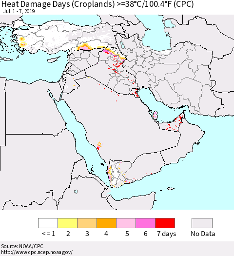 Middle East and Turkey Heat Damage Days (Croplands) >=38°C/100°F (CPC) Thematic Map For 7/1/2019 - 7/7/2019
