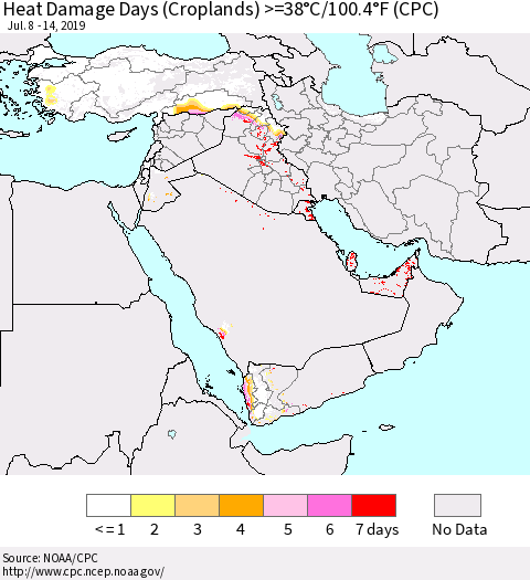 Middle East and Turkey Heat Damage Days (Croplands) >=38°C/100°F (CPC) Thematic Map For 7/8/2019 - 7/14/2019