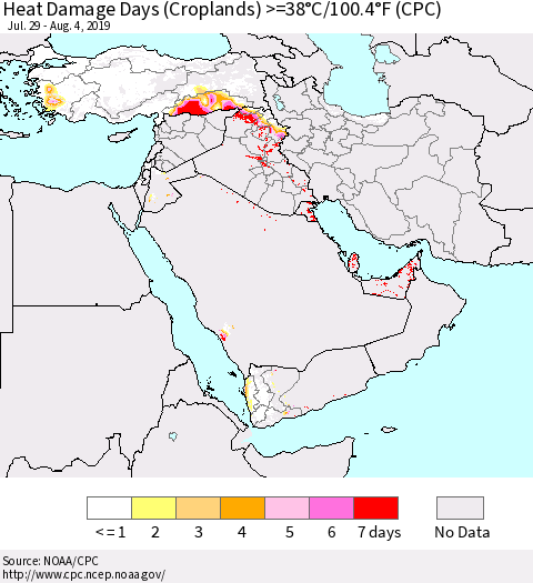 Middle East and Turkey Heat Damage Days (Croplands) >=38°C/100°F (CPC) Thematic Map For 7/29/2019 - 8/4/2019
