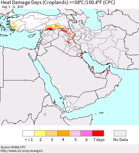 Middle East and Turkey Heat Damage Days (Croplands) >=38°C/100°F (CPC) Thematic Map For 8/5/2019 - 8/11/2019