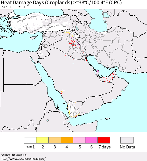 Middle East and Turkey Heat Damage Days (Croplands) >=38°C/100°F (CPC) Thematic Map For 9/9/2019 - 9/15/2019