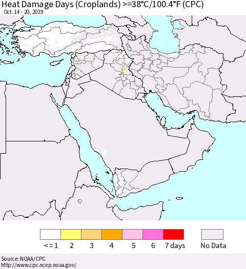 Middle East and Turkey Heat Damage Days (Croplands) >=38°C/100°F (CPC) Thematic Map For 10/14/2019 - 10/20/2019