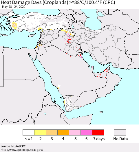 Middle East and Turkey Heat Damage Days (Croplands) >=38°C/100°F (CPC) Thematic Map For 5/18/2020 - 5/24/2020