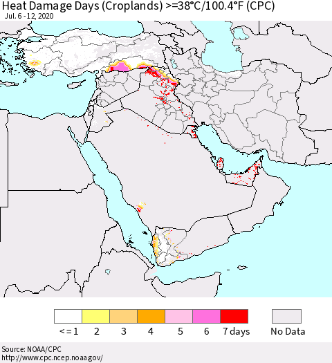Middle East and Turkey Heat Damage Days (Croplands) >=38°C/100°F (CPC) Thematic Map For 7/6/2020 - 7/12/2020