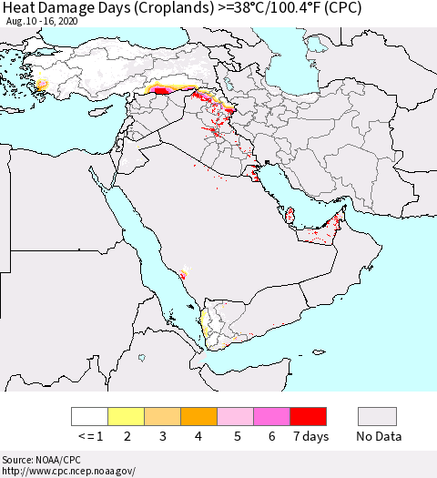 Middle East and Turkey Heat Damage Days (Croplands) >=38°C/100°F (CPC) Thematic Map For 8/10/2020 - 8/16/2020