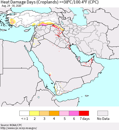Middle East and Turkey Heat Damage Days (Croplands) >=38°C/100°F (CPC) Thematic Map For 8/24/2020 - 8/30/2020