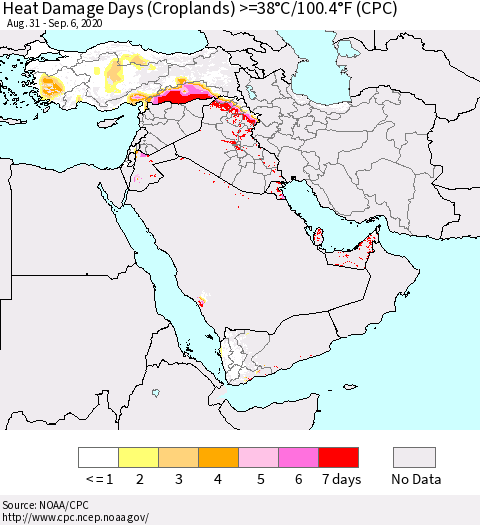 Middle East and Turkey Heat Damage Days (Croplands) >=38°C/100°F (CPC) Thematic Map For 8/31/2020 - 9/6/2020