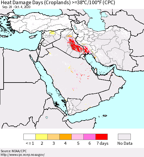Middle East and Turkey Heat Damage Days (Croplands) >=38°C/100°F (CPC) Thematic Map For 9/28/2020 - 10/4/2020