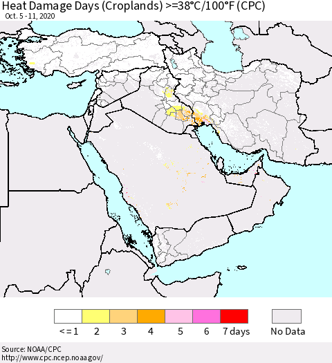 Middle East and Turkey Heat Damage Days (Croplands) >=38°C/100°F (CPC) Thematic Map For 10/5/2020 - 10/11/2020