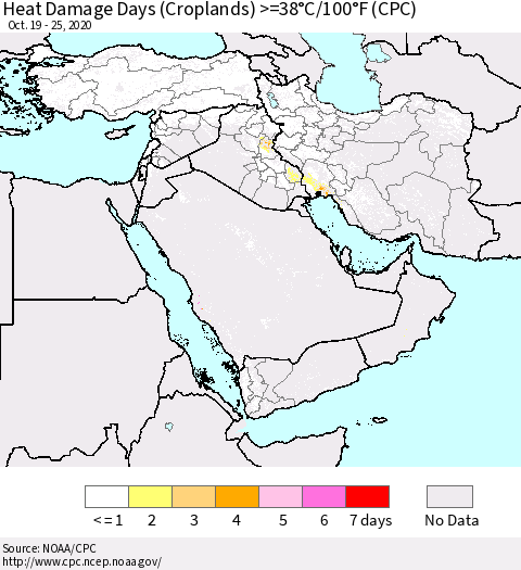 Middle East and Turkey Heat Damage Days (Croplands) >=38°C/100°F (CPC) Thematic Map For 10/19/2020 - 10/25/2020