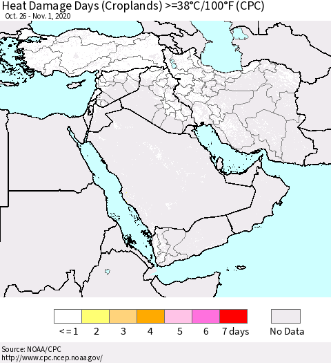 Middle East and Turkey Heat Damage Days (Croplands) >=38°C/100°F (CPC) Thematic Map For 10/26/2020 - 11/1/2020