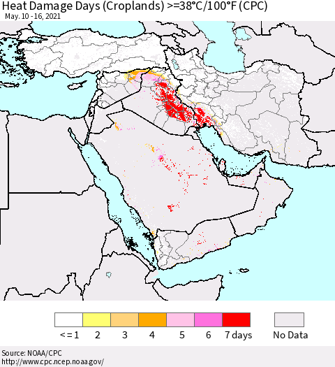 Middle East and Turkey Heat Damage Days (Croplands) >=38°C/100°F (CPC) Thematic Map For 5/10/2021 - 5/16/2021