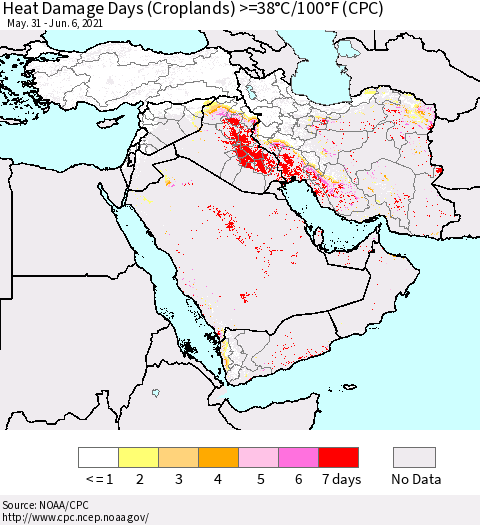 Middle East and Turkey Heat Damage Days (Croplands) >=38°C/100°F (CPC) Thematic Map For 5/31/2021 - 6/6/2021