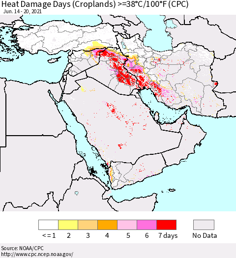 Middle East and Turkey Heat Damage Days (Croplands) >=38°C/100°F (CPC) Thematic Map For 6/14/2021 - 6/20/2021