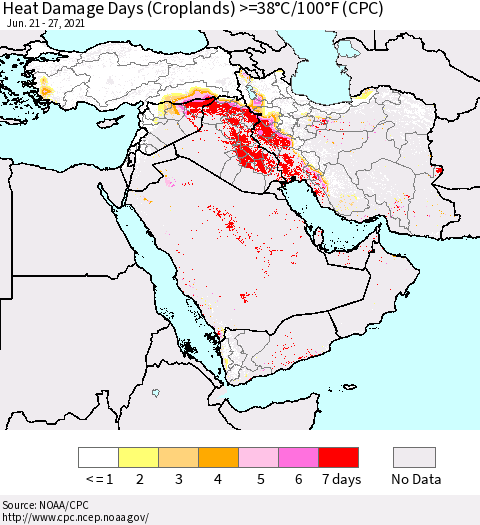 Middle East and Turkey Heat Damage Days (Croplands) >=38°C/100°F (CPC) Thematic Map For 6/21/2021 - 6/27/2021