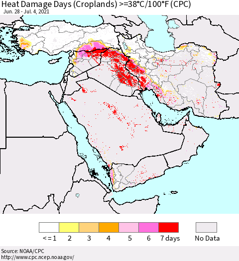 Middle East and Turkey Heat Damage Days (Croplands) >=38°C/100°F (CPC) Thematic Map For 6/28/2021 - 7/4/2021