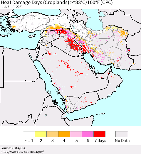 Middle East and Turkey Heat Damage Days (Croplands) >=38°C/100°F (CPC) Thematic Map For 7/5/2021 - 7/11/2021