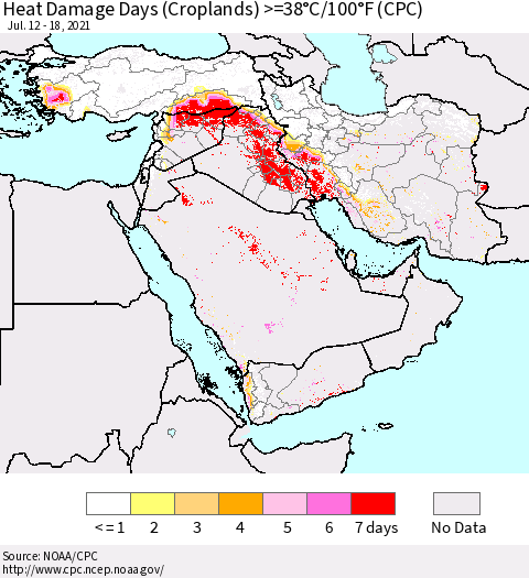 Middle East and Turkey Heat Damage Days (Croplands) >=38°C/100°F (CPC) Thematic Map For 7/12/2021 - 7/18/2021