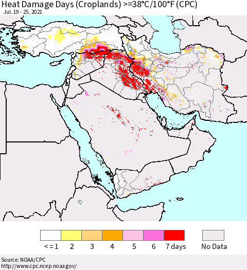 Middle East and Turkey Heat Damage Days (Croplands) >=38°C/100°F (CPC) Thematic Map For 7/19/2021 - 7/25/2021