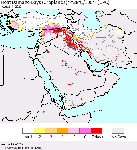 Middle East and Turkey Heat Damage Days (Croplands) >=38°C/100°F (CPC) Thematic Map For 8/2/2021 - 8/8/2021