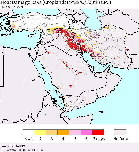 Middle East and Turkey Heat Damage Days (Croplands) >=38°C/100°F (CPC) Thematic Map For 8/9/2021 - 8/15/2021