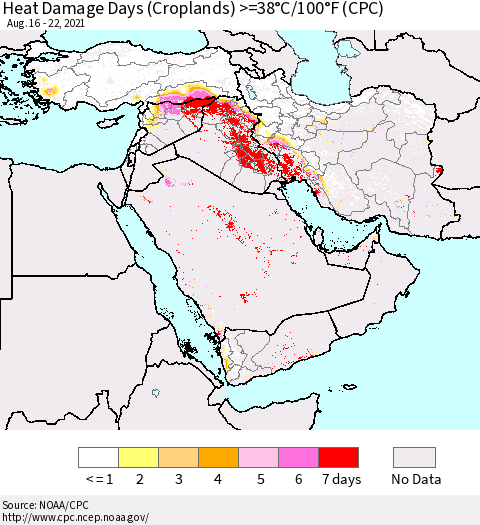Middle East and Turkey Heat Damage Days (Croplands) >=38°C/100°F (CPC) Thematic Map For 8/16/2021 - 8/22/2021