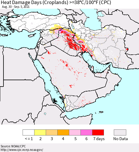 Middle East and Turkey Heat Damage Days (Croplands) >=38°C/100°F (CPC) Thematic Map For 8/30/2021 - 9/5/2021