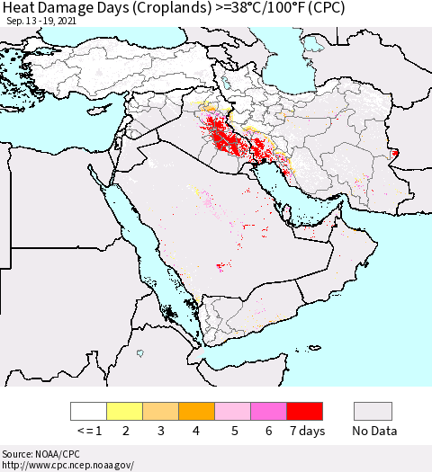 Middle East and Turkey Heat Damage Days (Croplands) >=38°C/100°F (CPC) Thematic Map For 9/13/2021 - 9/19/2021