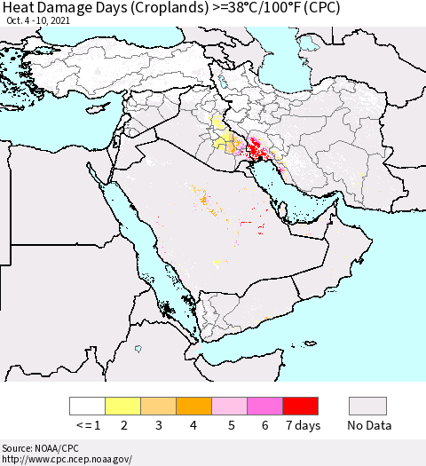 Middle East and Turkey Heat Damage Days (Croplands) >=38°C/100°F (CPC) Thematic Map For 10/4/2021 - 10/10/2021
