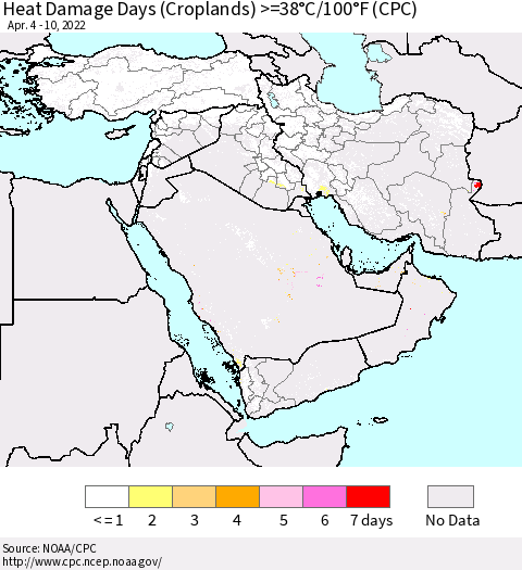 Middle East and Turkey Heat Damage Days (Croplands) >=38°C/100°F (CPC) Thematic Map For 4/4/2022 - 4/10/2022